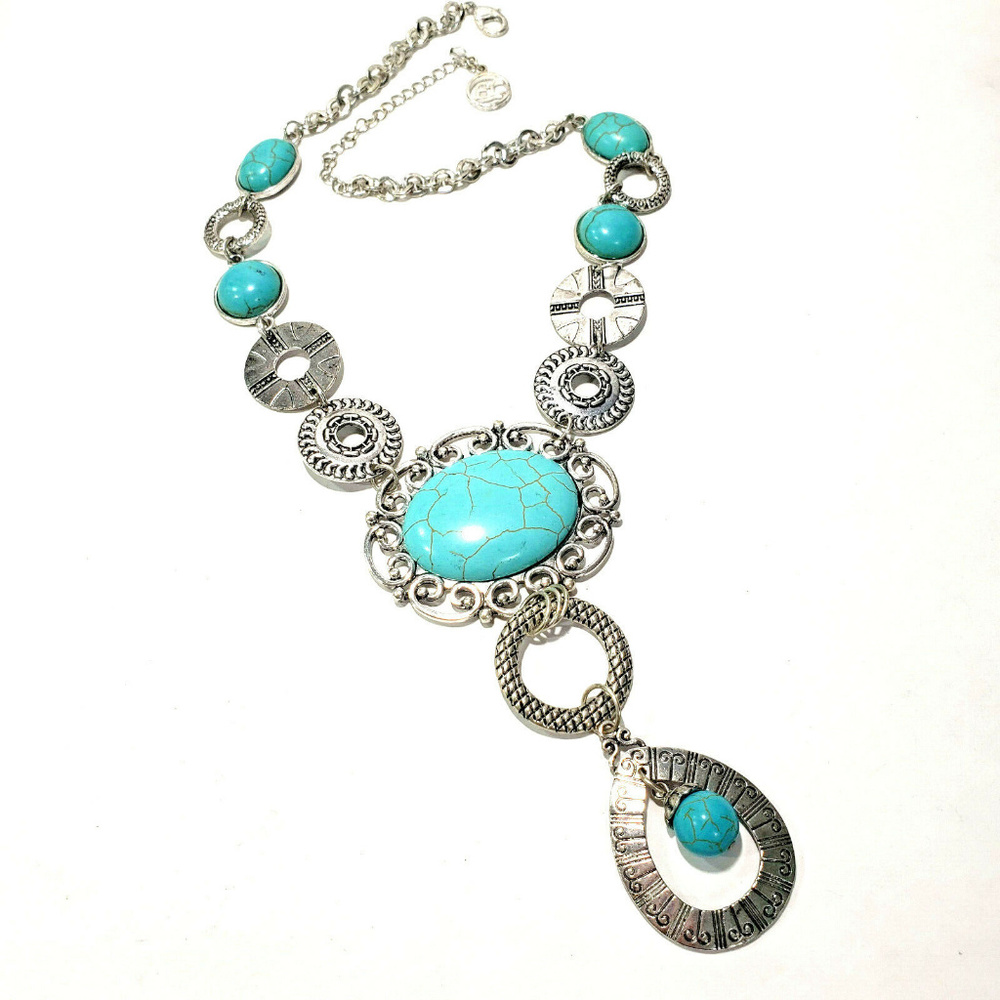 Silver Tone & Turquoise Necklace Dyed Stones